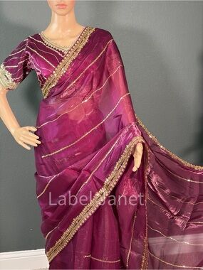 Embroidered Deep Magenta Saree with Gold Trim & stitched blouse(Brand new)